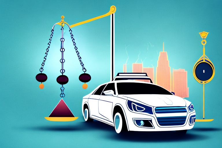 A damaged rideshare car with a balance scale symbolizing justice on the hood