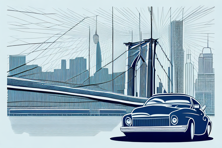 A symbolic scale of justice placed on a car hood with the brooklyn bridge in the background