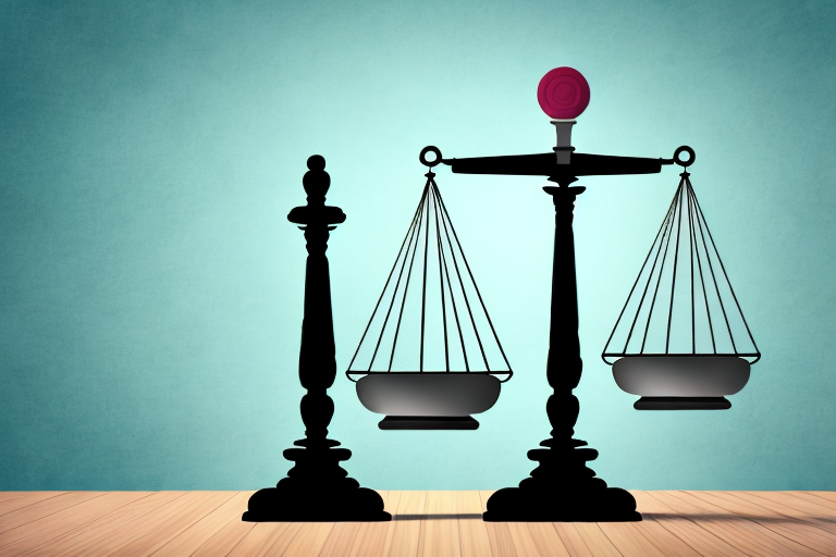 A balance scale with a gavel on one side and a child's toy on the other