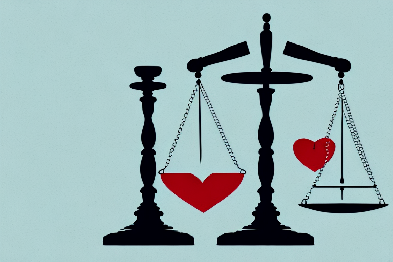 A symbolic balance scale with a heart and a gavel on each side