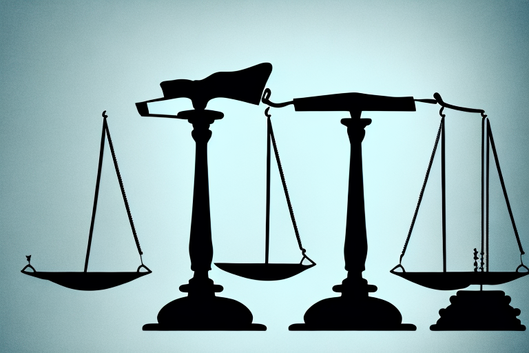 A balanced scale with a gavel on one side and a law book on the other