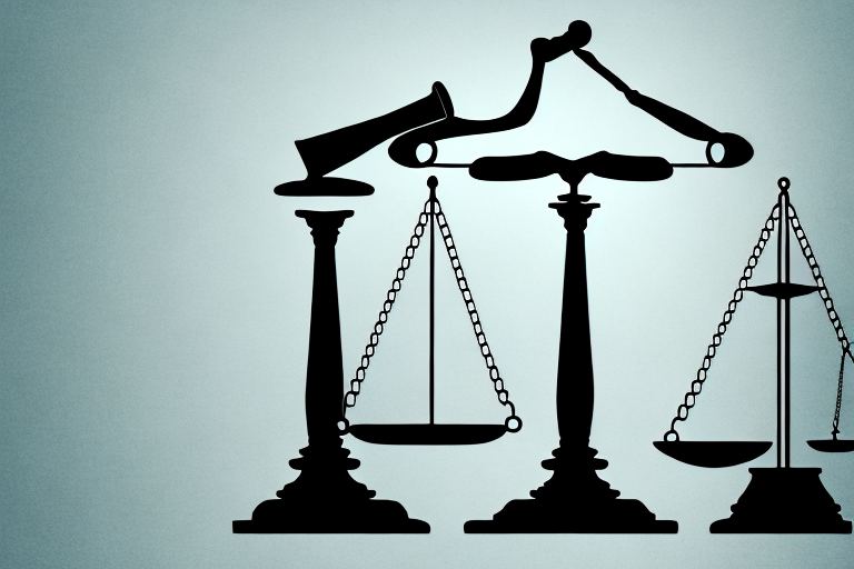 A balanced scale with a gavel on one side and a book labeled "federal law" on the other