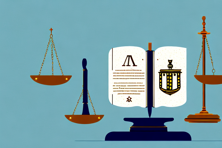 A balanced scale with a book representing law on one side and a shield symbolizing defense on the other