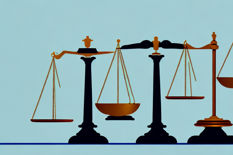 A balanced scale with a law book on one side and a shield on the other side