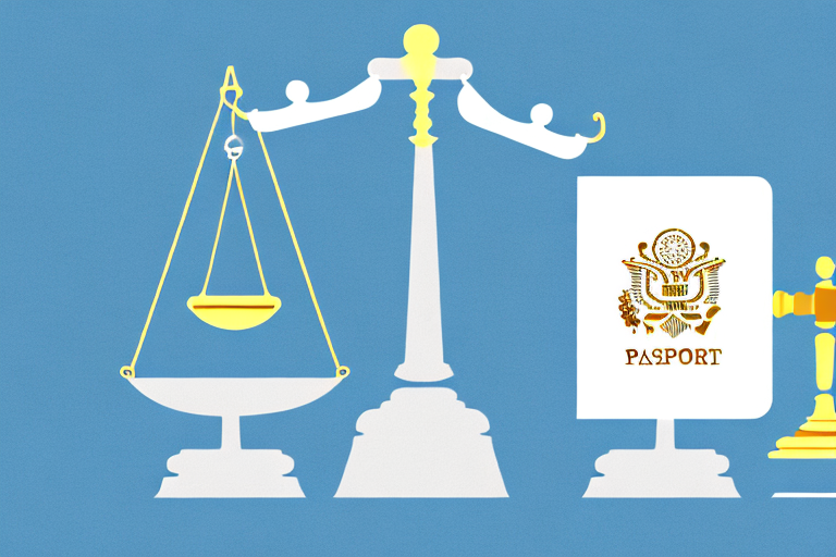 A balanced scale with a gavel on one side and a passport on the other