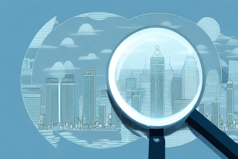 A magnifying glass hovering over a cityscape