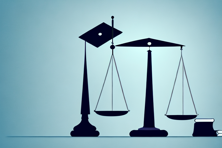 A balanced scale with a law book on one side and a graduation cap on the other