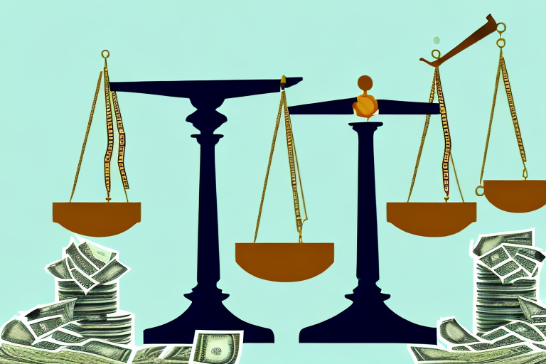 A balanced scale with stacks of money on one side and a gavel on the other
