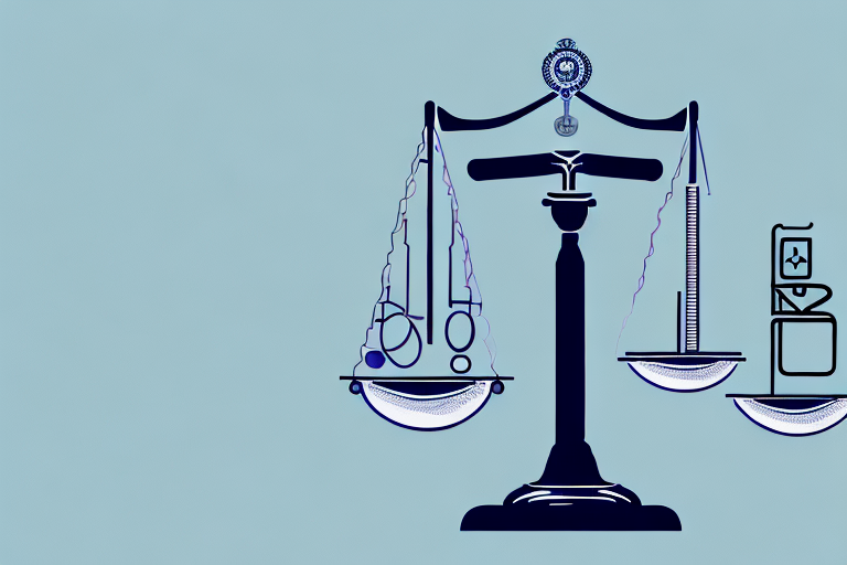A balanced scale with a medical symbol (like a caduceus or rod of asclepius) on one side and a gavel on the other side