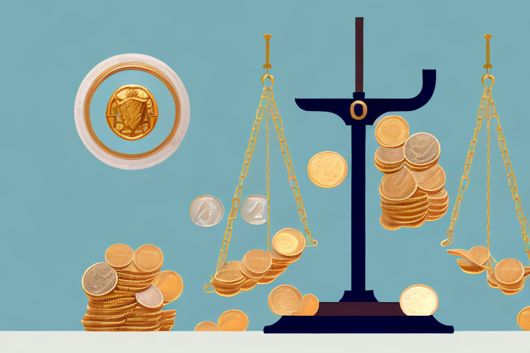 A pair of scales imbalanced with stacks of coins on one side
