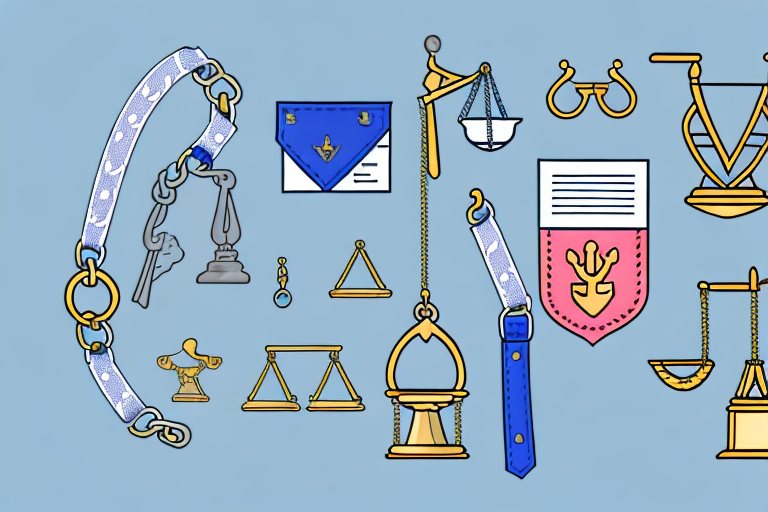 A dog leash and collar next to a gavel and scales of justice