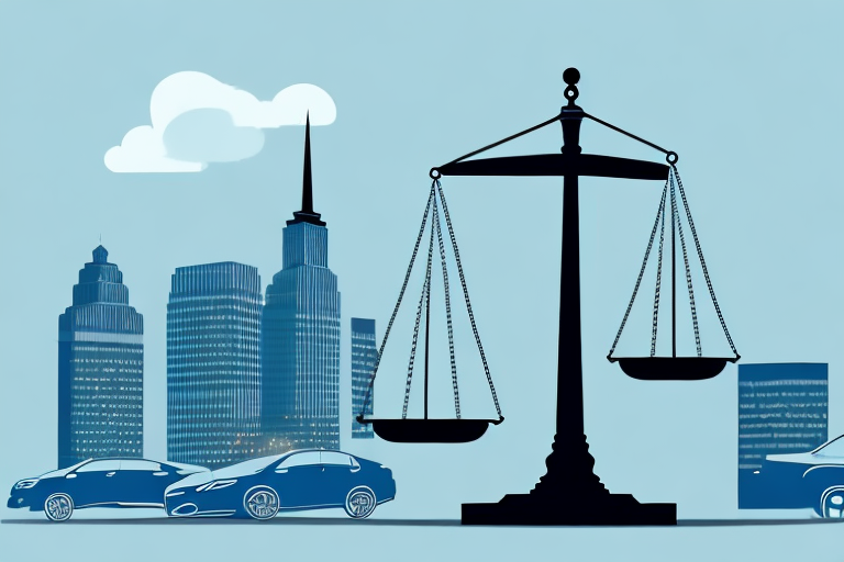A symbolic justice scale balancing a car and a courthouse