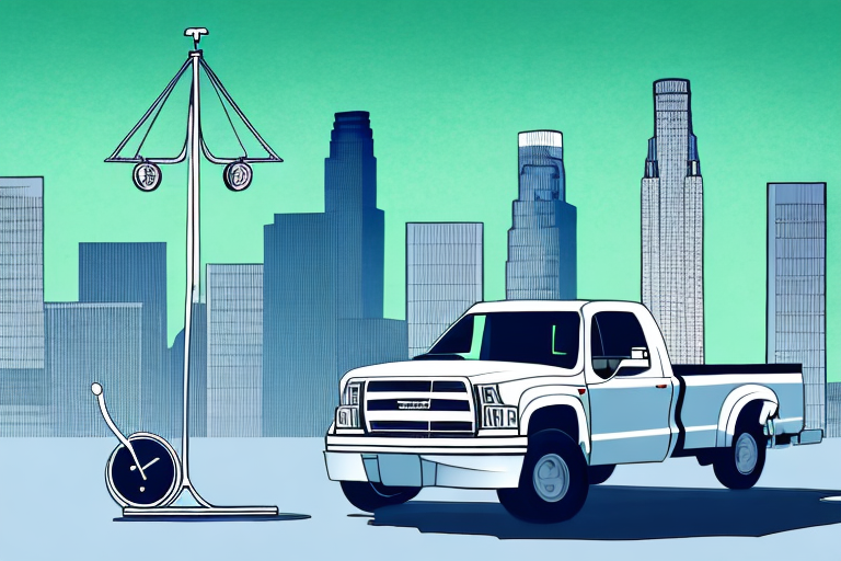 A truck on a los angeles cityscape background with a balance scale symbolizing justice in the foreground