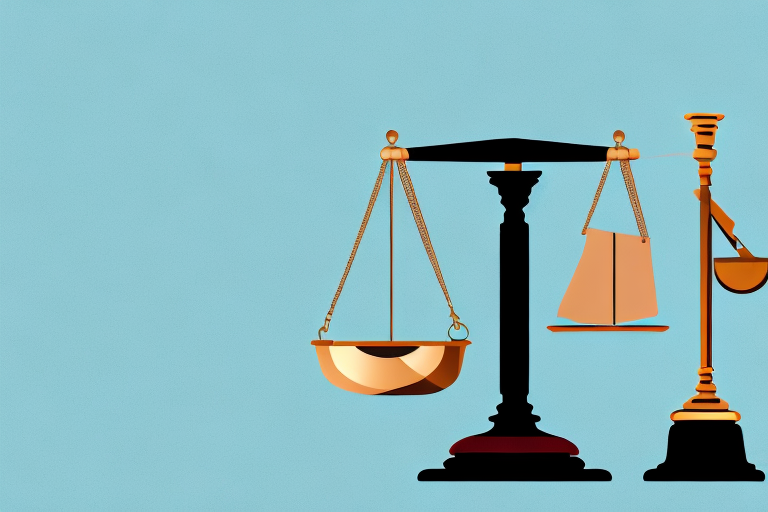 A balanced scale with a gavel on one side and a bag symbolising stolen goods on the other