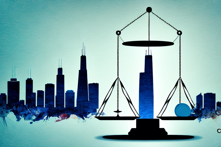 The chicago skyline with a balance scale in the foreground