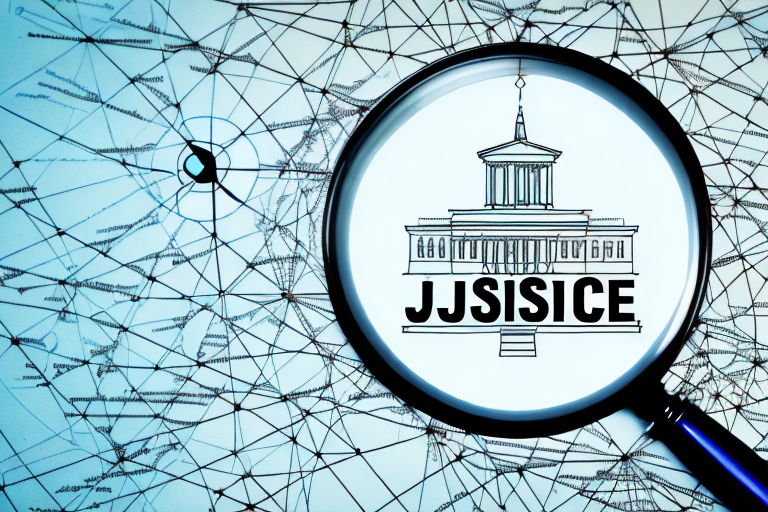 A balanced scale of justice on a geographical map