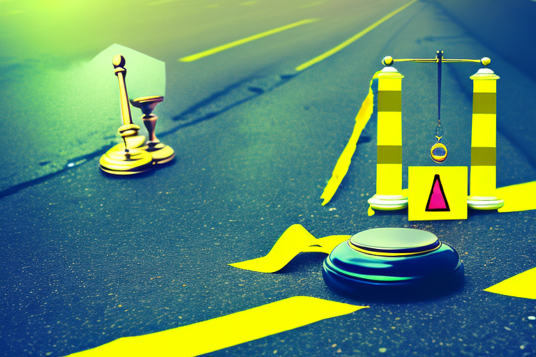 A crashed car on a road with a balance scale symbolizing justice on the side