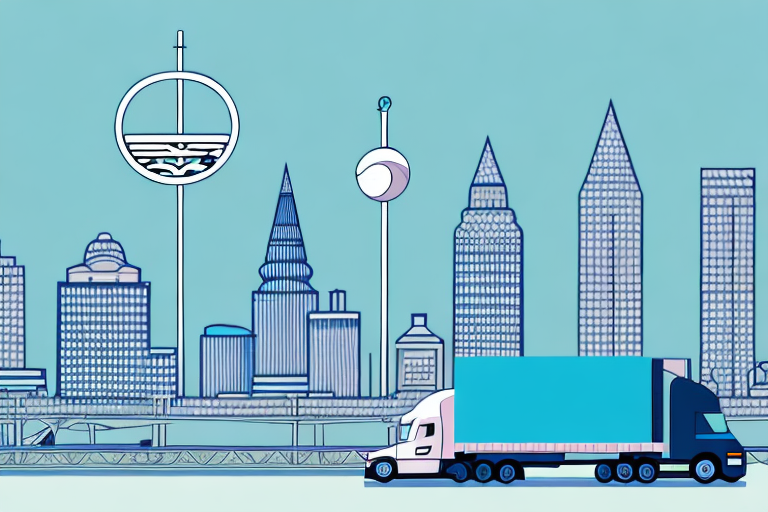 A semi-truck on a louisville cityscape background
