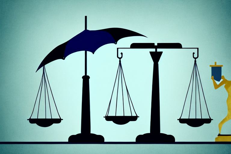 A balanced scale with a briefcase on one side and an umbrella (symbolizing protection) on the other side