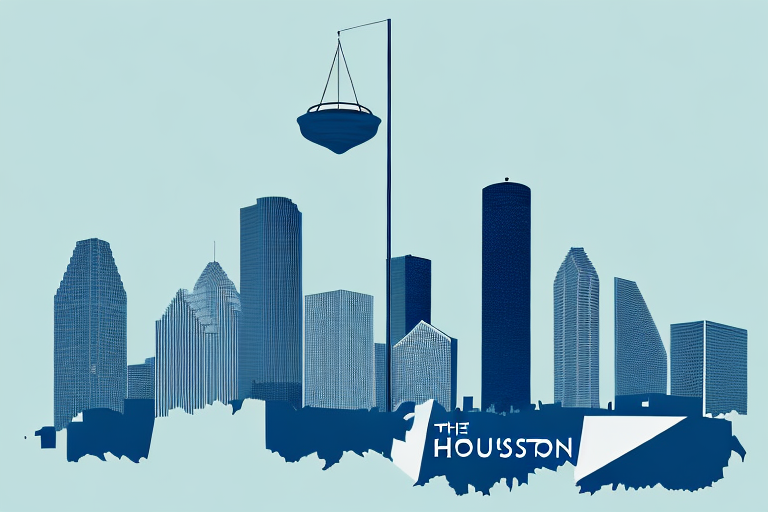 The houston skyline with a balanced scale in the foreground