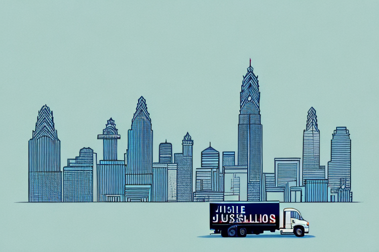 A symbolic scale of justice on a philadelphia cityscape background with a semi-truck on one side of the scale