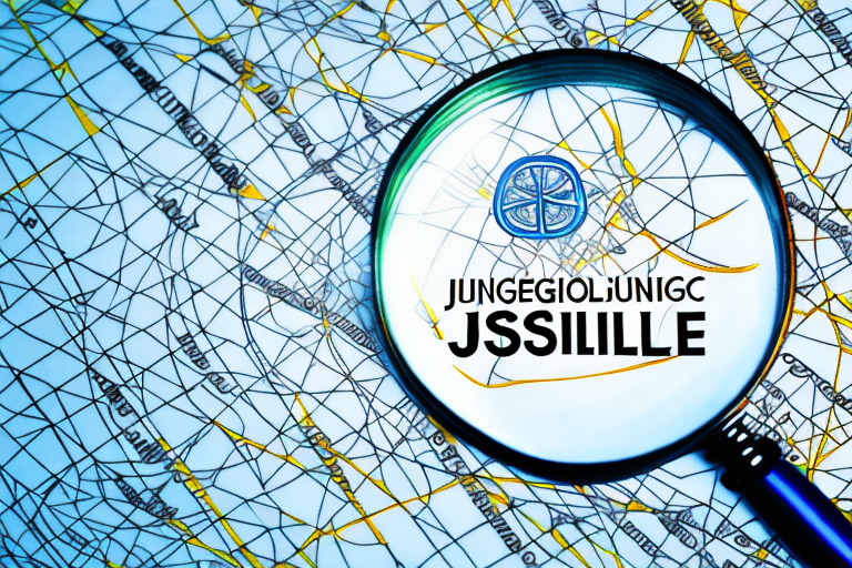 A magnifying glass hovering over a map marked with various symbols of justice scales