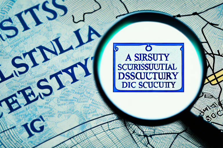 A magnifying glass hovering over a map with a symbolic icon of a courthouse and a social security card