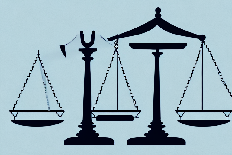 A balanced scale with a building model on one side and a gavel on the other
