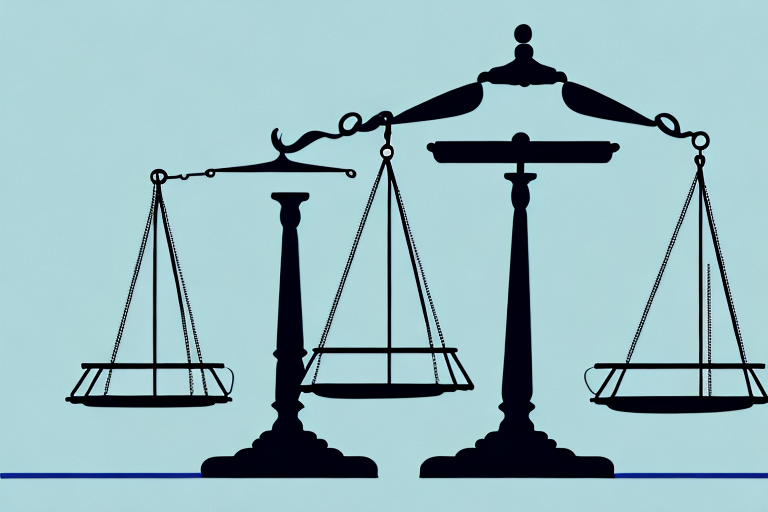 A balance scale with a briefcase on one side and a courthouse on the other