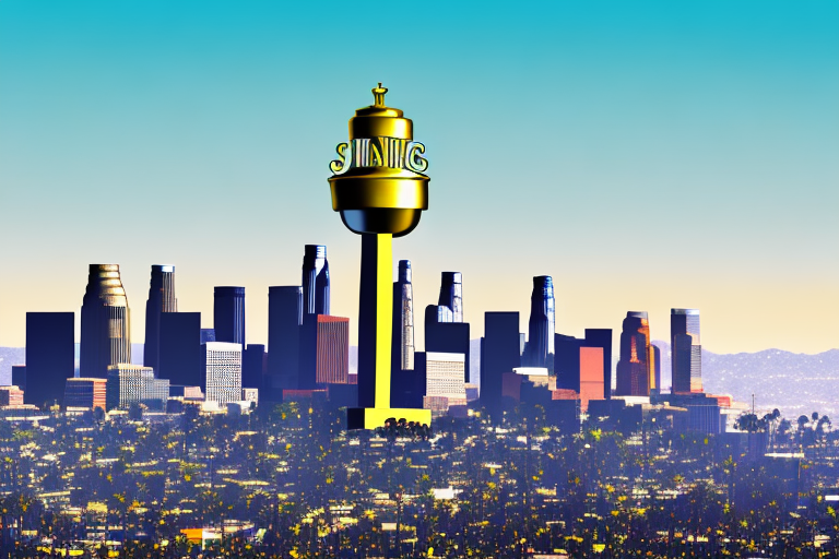 The iconic los angeles skyline with a balance scale symbolizing justice subtly integrated into the design