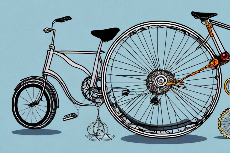 A bicycle with a broken wheel next to a set of scales symbolizing justice