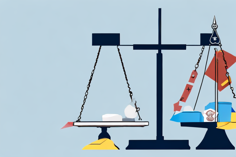 A balance scale with a texas state symbol on one side and a collection of workplace items like a briefcase