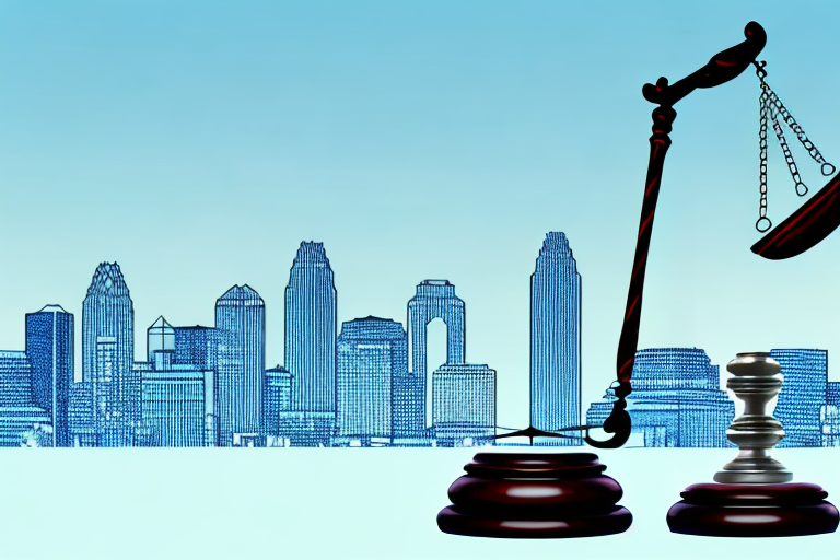 A balanced scale with a gavel on one side and the kansas city skyline on the other