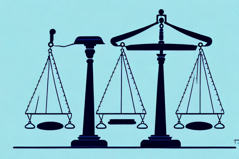 A balance scale with a briefcase on one side and a gavel on the other