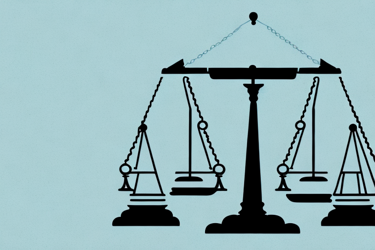A balanced scale with a gavel on one side and a silhouette of cincinnati's skyline on the other