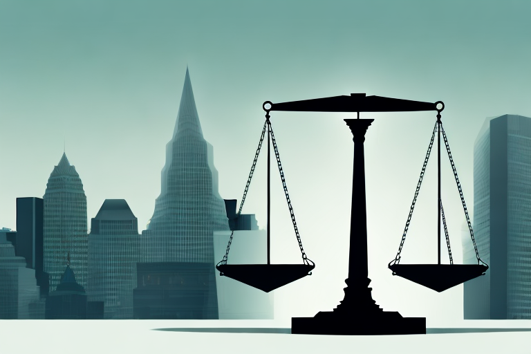 A balanced scale with a briefcase on one side and a gavel on the other side