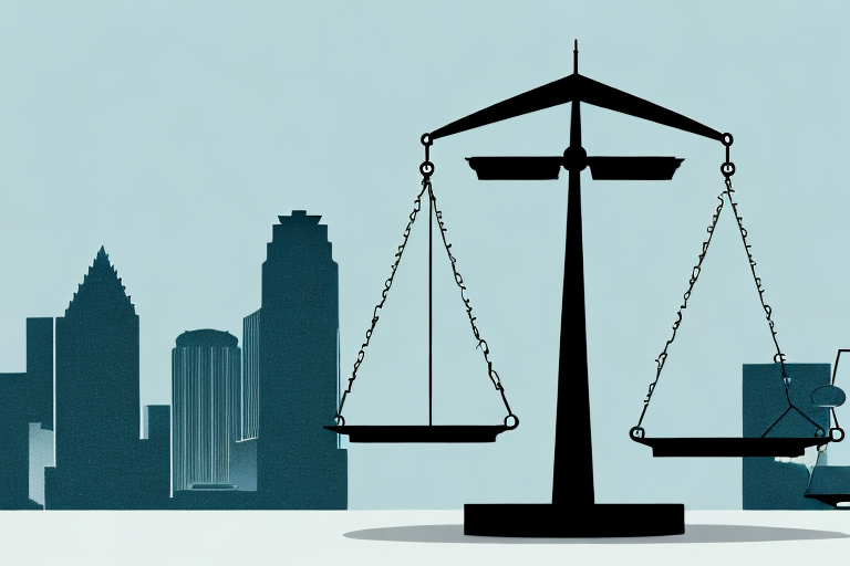 A balance scale with a briefcase on one side and the dallas city skyline on the other