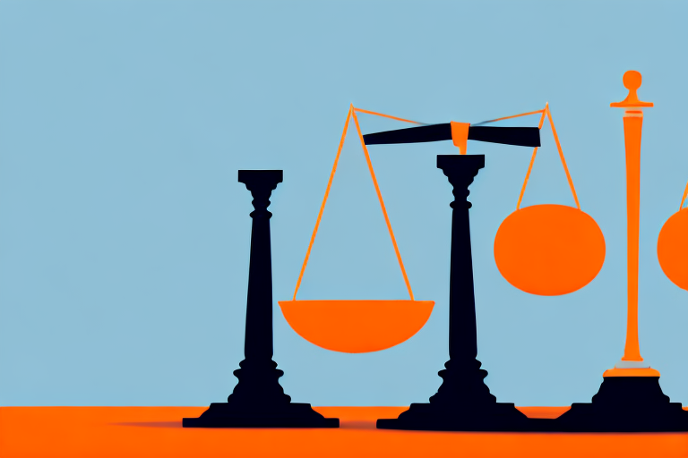 A balanced scale with a gavel on one side and an office building symbolizing an employment firm on the other