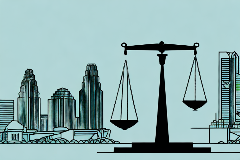The austin city skyline with a balance scale in the foreground symbolizing justice