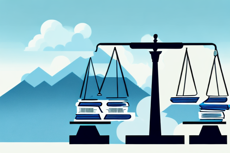 A balanced scale resting on a stack of legal documents