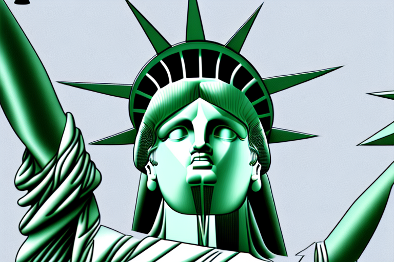 A balanced scale where on one side there are various legal documents and on the other side there is a statue of liberty