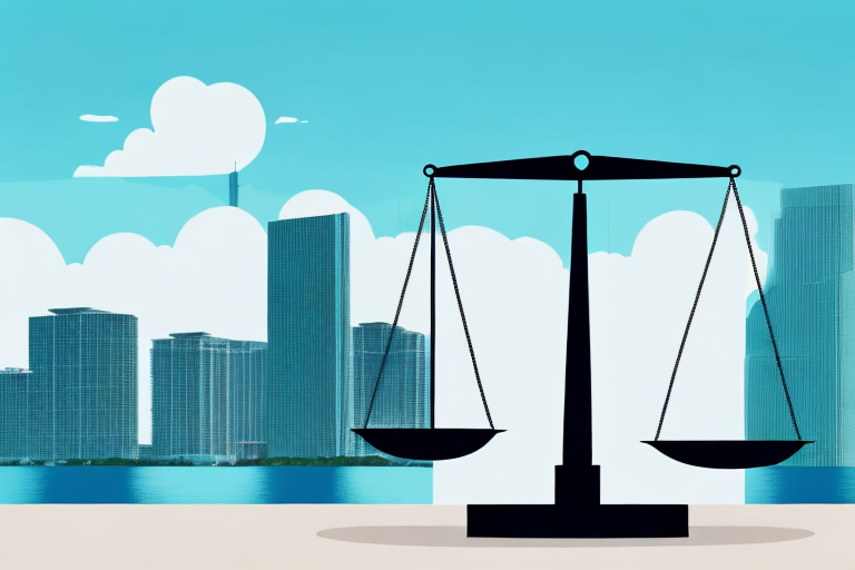 A balanced scale on a desk in a well-lit office with miami's skyline visible through the window