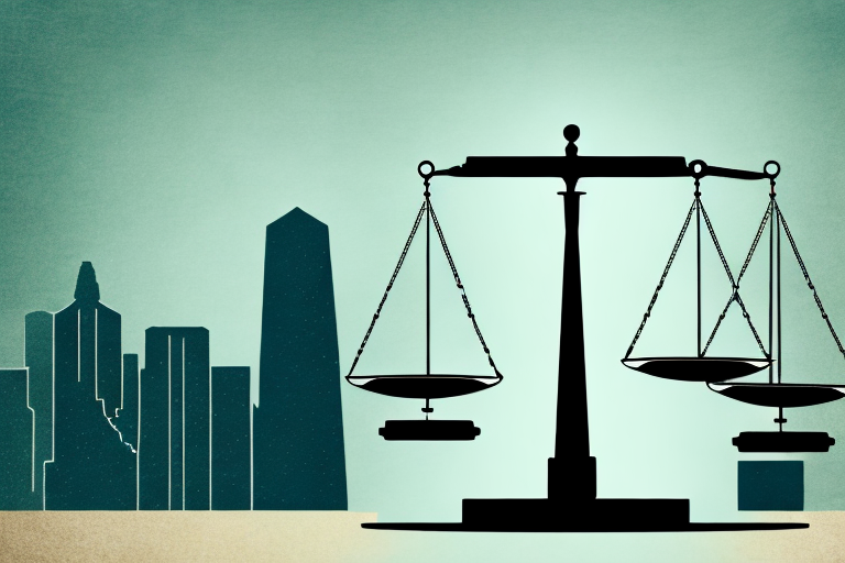 A balance scale with a briefcase on one side and the reno city skyline on the other side