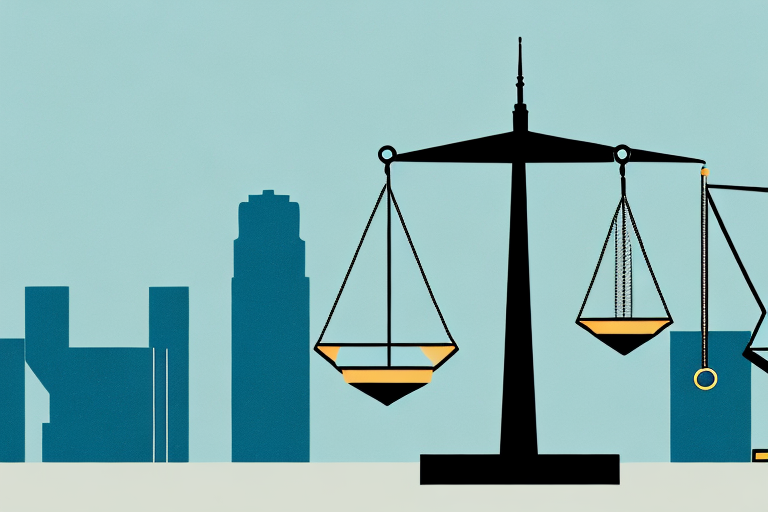 The el paso skyline with a balance scale symbolizing justice in the foreground
