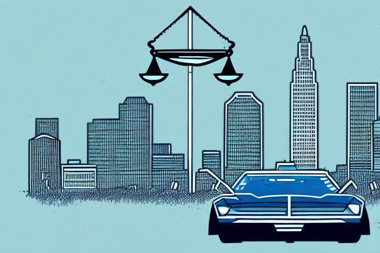 A symbolic scales of justice on a baton rouge cityscape background