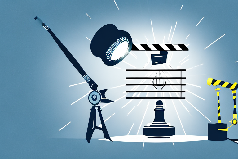 A spotlight shining on a gavel and a film reel