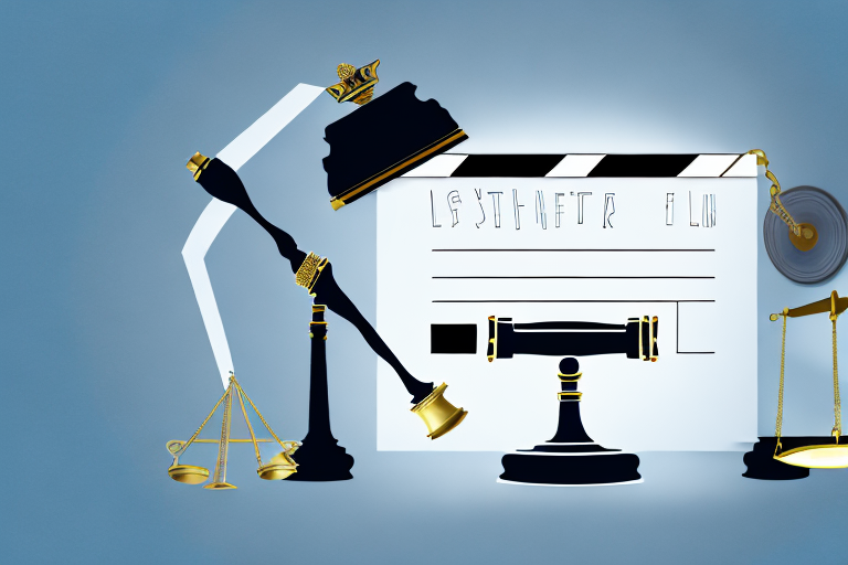 A spotlight shining on a gavel and film reel
