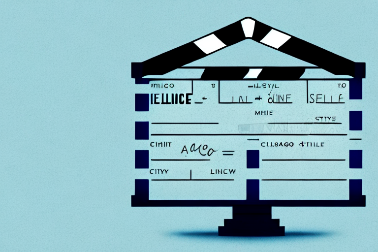 A balance scale with a movie clapperboard on one side and the chicago skyline on the other