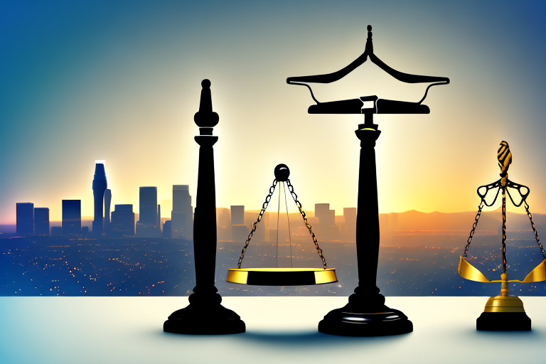 A spotlight shining on a symbolic balance scale with a film reel on one side and a gavel on the other