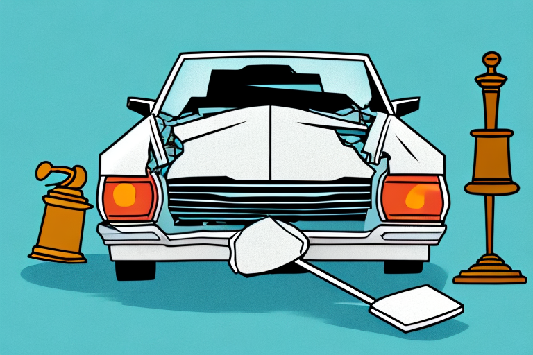 A broken car with a gavel and a set of law books nearby